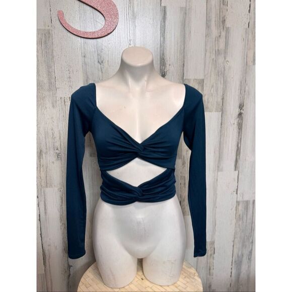 Windsor Teal Cutout Twist Long Sleeve Crop Top Women’s Size Small - Picture 2 of 8